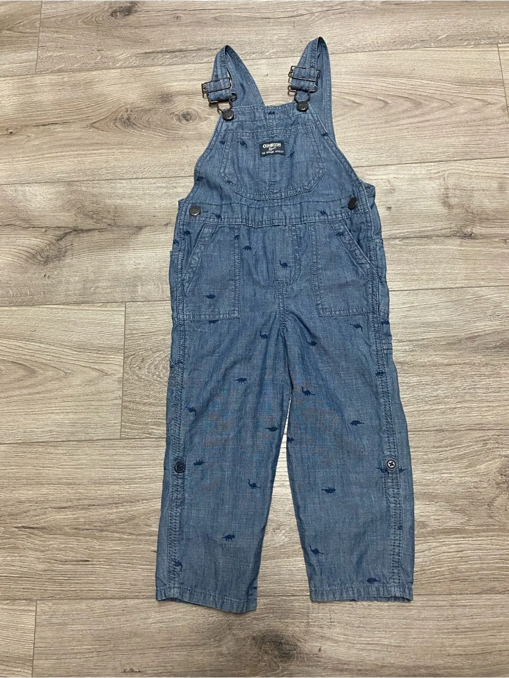 Oshkosh B’gosh Dinosaur Print Chambray Overalls 3T Blue Cotton